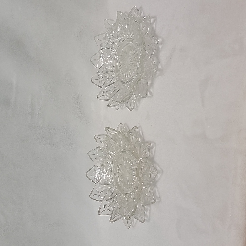 Vintage Pair Federal Glass Clear Petal Point Bowls And Base Plates 6 1/2"